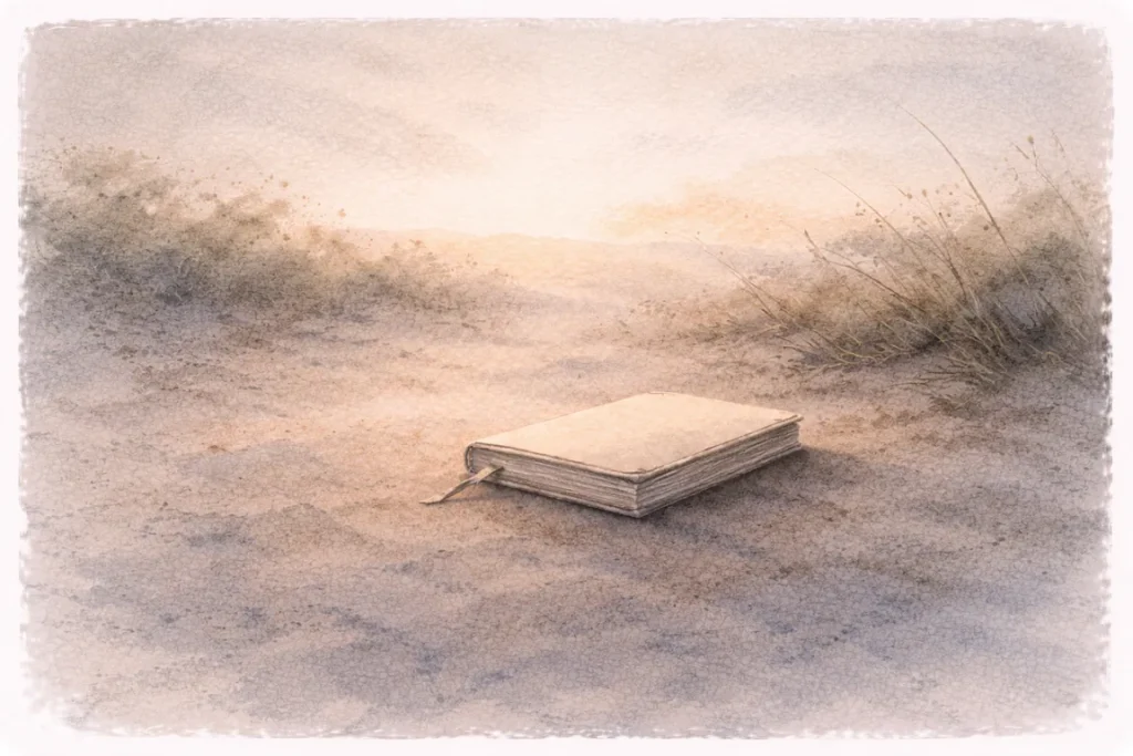 Paysage calme au crépuscule avec un carnet fermé posé au sol — écrire quand les mots ne viennent plus, écriture comme refuge.