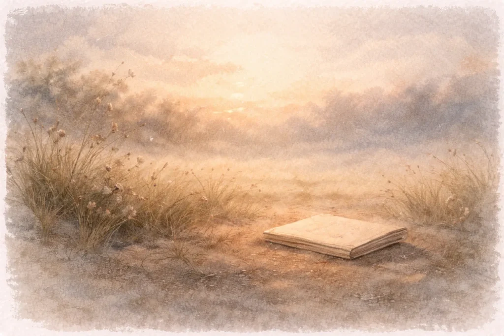 Carnet posé dans un paysage au crépuscule, écrire sans savoir écrire pour déposer ses émotions et apaiser l’esprit.