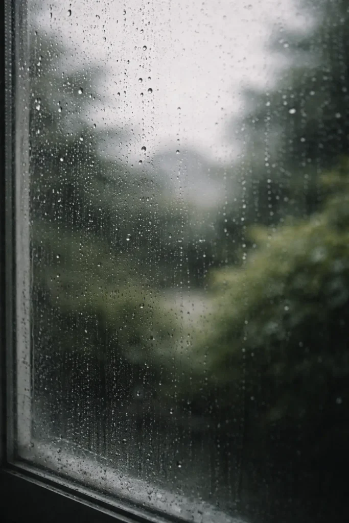 Gouttes de pluie sur une vitre avec jardin flou en arrière-plan, sensation d’introspection et de distance, illustration des émotions et réactions parentales difficiles à comprendre