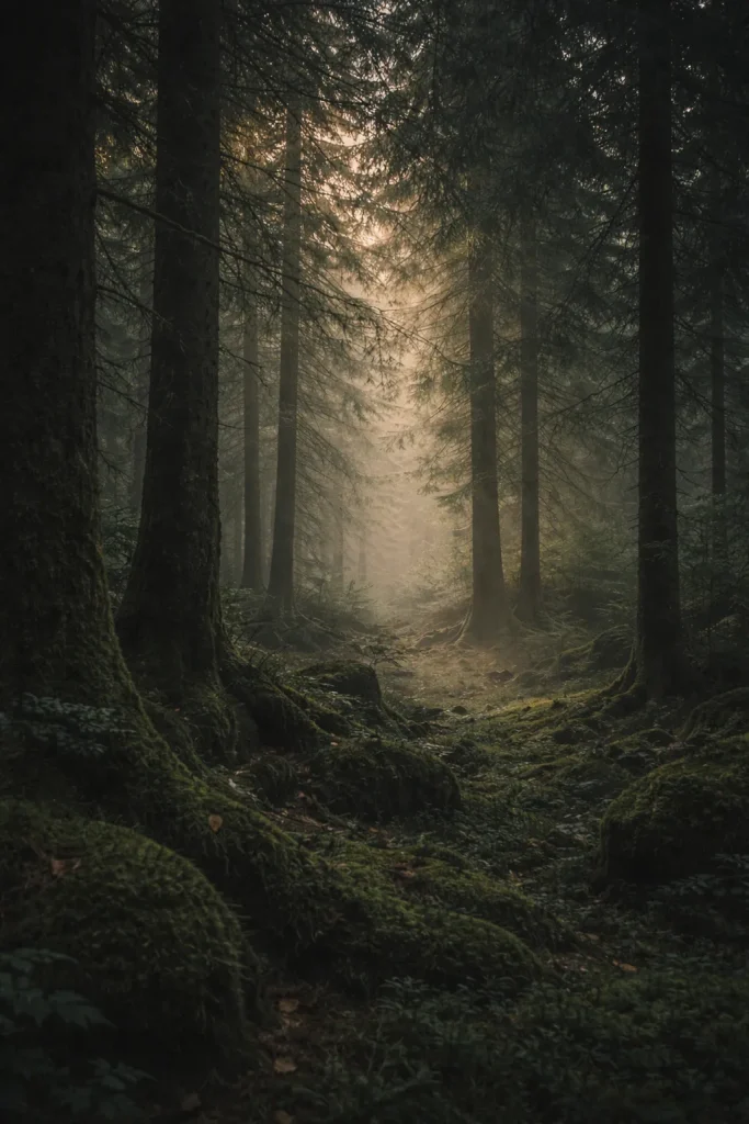 Forêt dense au lever du jour avec lumière douce et brume, illustration de la régénération de la nature et de l’espoir environnemental