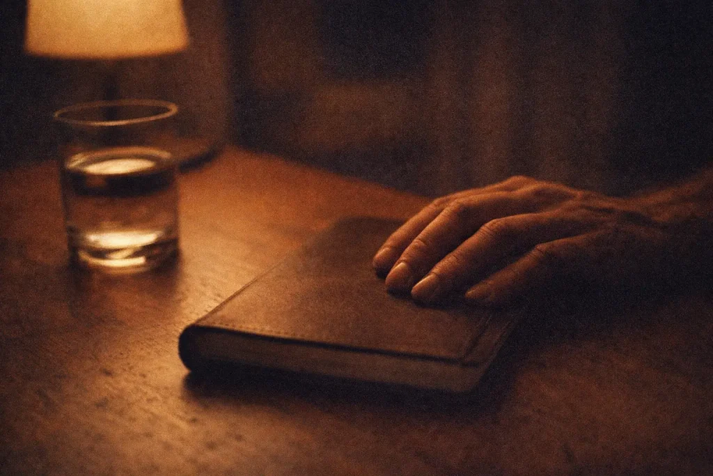 main posée sur un carnet fermé sur table en bois, lumière douce du soir, tension intérieure, écriture introspective sur le rapport à l'argent