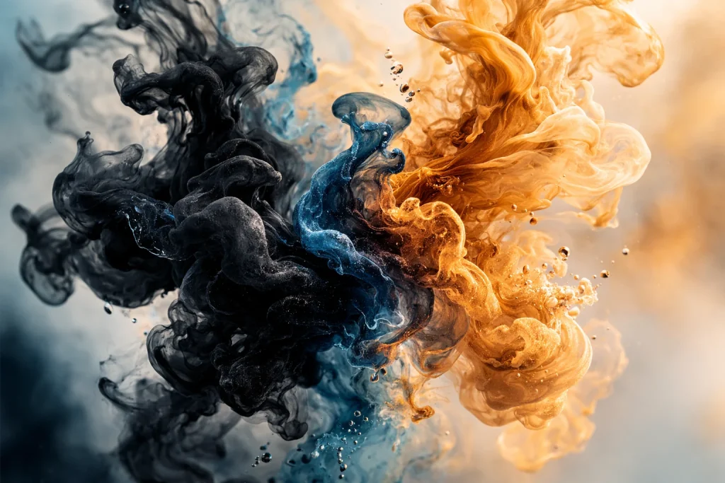 Deux encres qui se diffusent dans l’eau et se rencontrent, métaphore visuelle d’écrire avec une IA sans perdre sa voix et de la rencontre entre créativité humaine et intelligence artificielle.