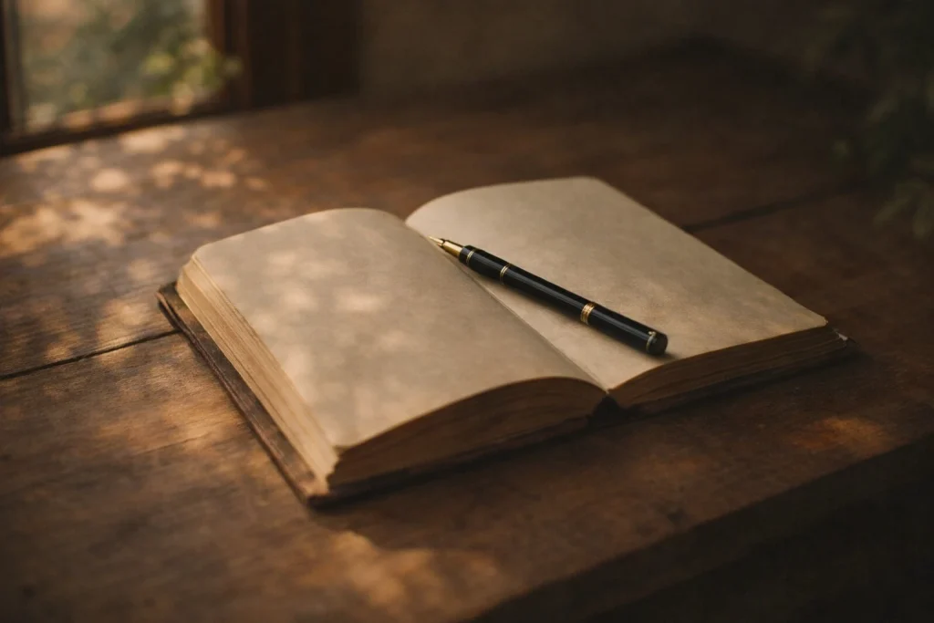 Carnet ouvert sur une table en bois avec stylo plume et lumière naturelle douce — écrire à la main et retrouver les bienfaits de l’écriture manuscrite.