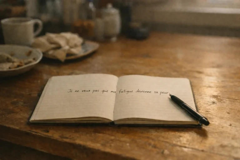 Carnet ouvert sur une table de cuisine en lumière douce du soir, phrase manuscrite “Je ne veux pas que ma fatigue devienne sa peur” — illustration pour "écrire pour ne pas transmettre ses blessures".