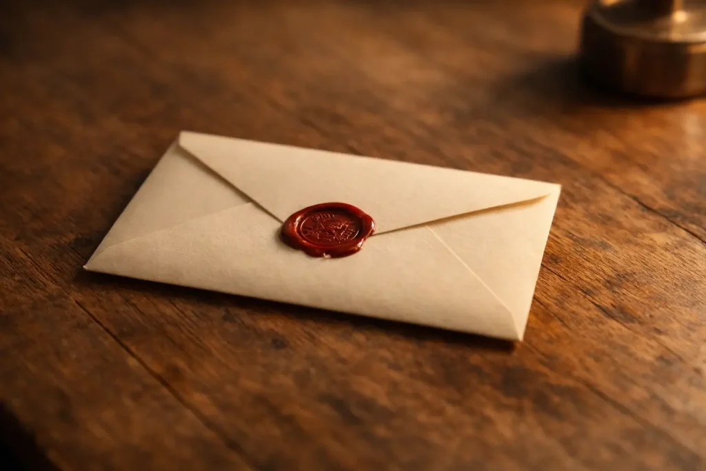 Enveloppe scellée avec un cachet de cire rouge posée sur une table en bois en lumière douce du soir — image symbolique pour écrire une lettre sans l’envoyer