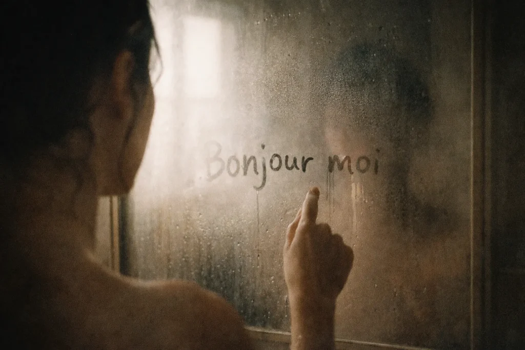Personne écrivant « Bonjour moi » sur un miroir embué, scène d’écriture introspective et de connaissance de soi pour écrire pour se comprendre.