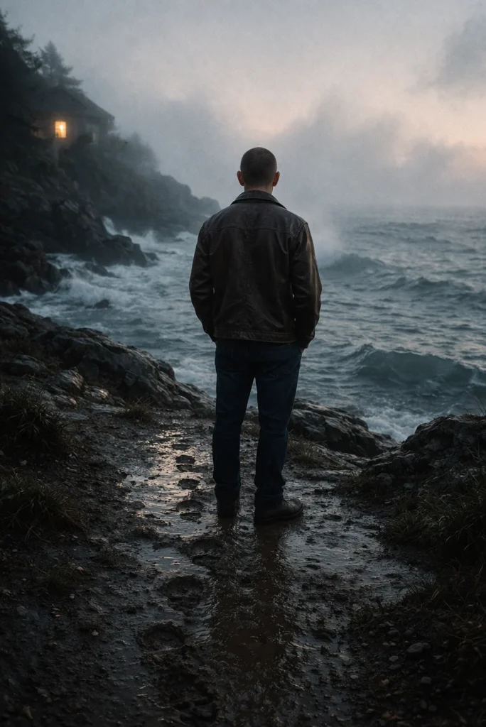 homme de dos en blouson cuir face à la mer brumeuse au lever du jour, réflexion sur vivre avec l’IA entre nature et technologie