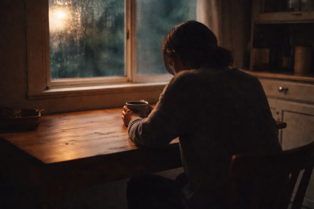 personne seule de dos à une table en bois tenant une tasse, lumière du soir, introspection et émotions liées au rapport à l'argent