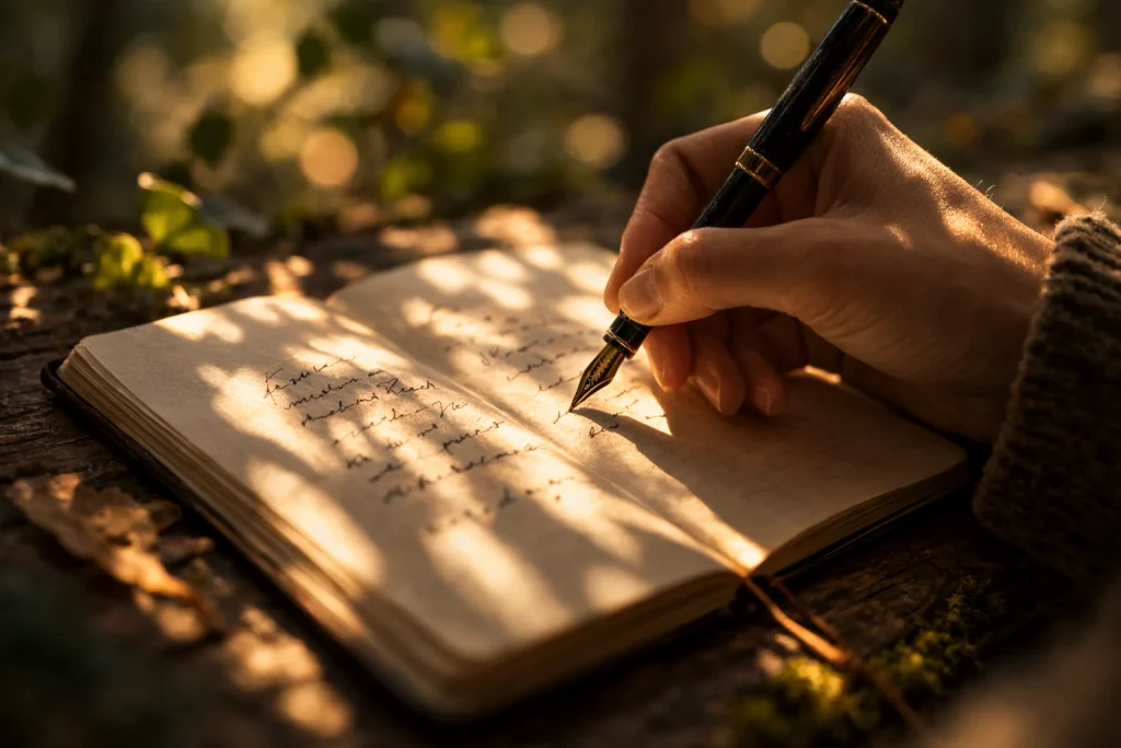 écriture à la main dans un carnet en pleine nature — bienfaits de l’écriture manuscrite et de l’écriture lente.