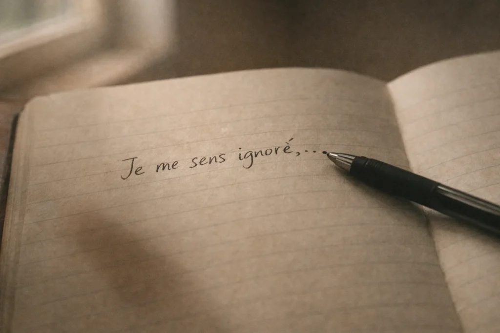 Page de carnet en lumière douce du matin avec phrase incomplète et stylo en pause — illustration pour écrire avant de réagir en parentalité