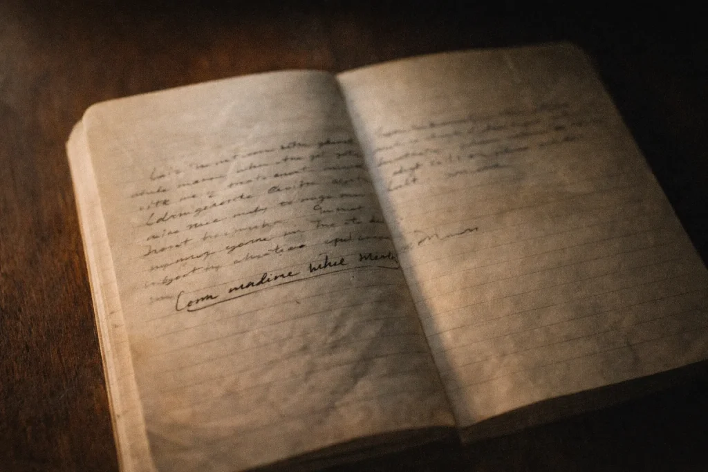 page de carnet avec écriture manuscrite irrégulière et introspective, symbole d’écriture pour se comprendre et explorer ses émotions