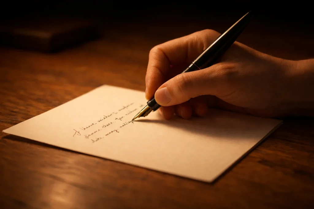 Écrire une lettre sans l’envoyer : main écrivant au stylo plume sur papier crème, lumière douce du soir dans une atmosphère calme et introspective.