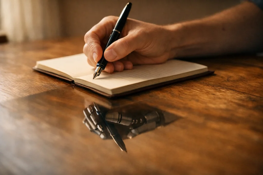Main humaine écrivant dans un carnet avec un stylo plume tandis que son reflet devient une main mécanique, métaphore d’écrire avec une IA sans perdre sa voix.