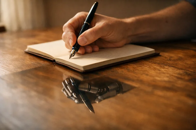 Main humaine écrivant dans un carnet avec un stylo plume tandis que son reflet devient une main mécanique, métaphore d’écrire avec une IA sans perdre sa voix.