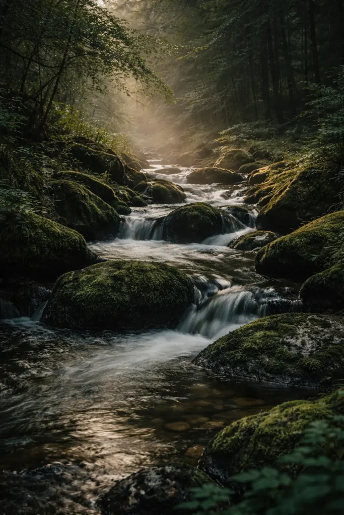 Rivière forestière sur rochers moussus illustrant la régénération de la nature et la restauration des écosystèmes