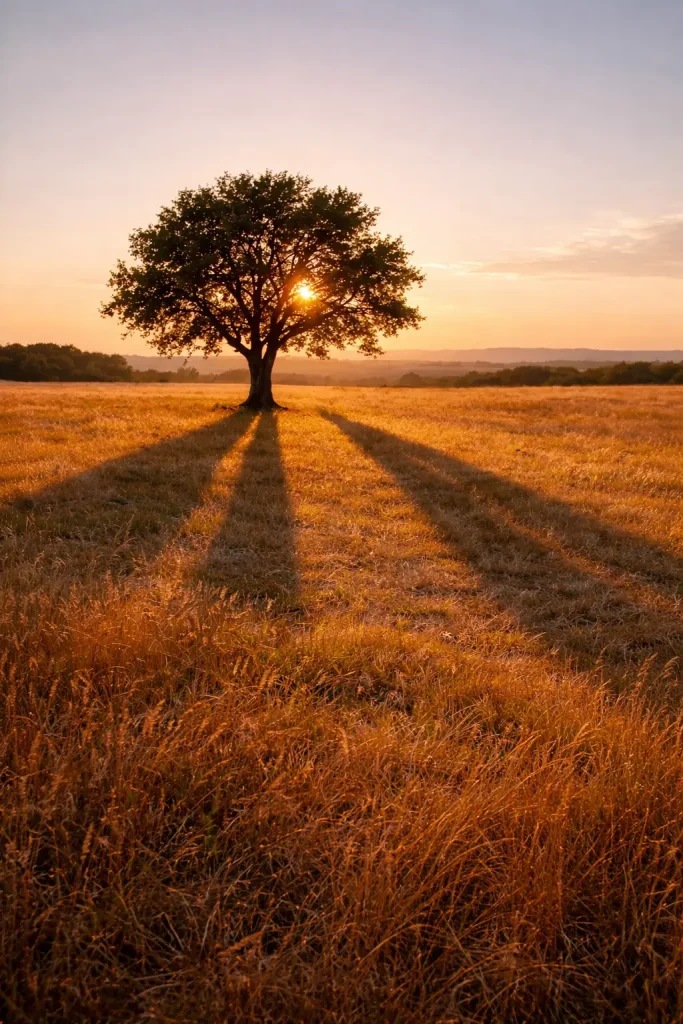 Arbre solitaire au coucher du soleil projetant deux ombres divergentes dans un champ, métaphore de l’écriture avec une IA sans perdre sa voix.