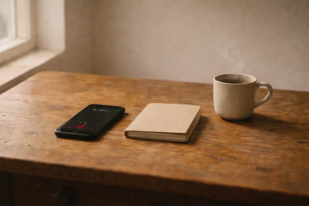 Table en bois éclairée par une lumière naturelle douce, smartphone enregistrant un mémo vocal à côté d’un carnet et d’une tasse chaude — illustration pour écrire avant de réagir.
