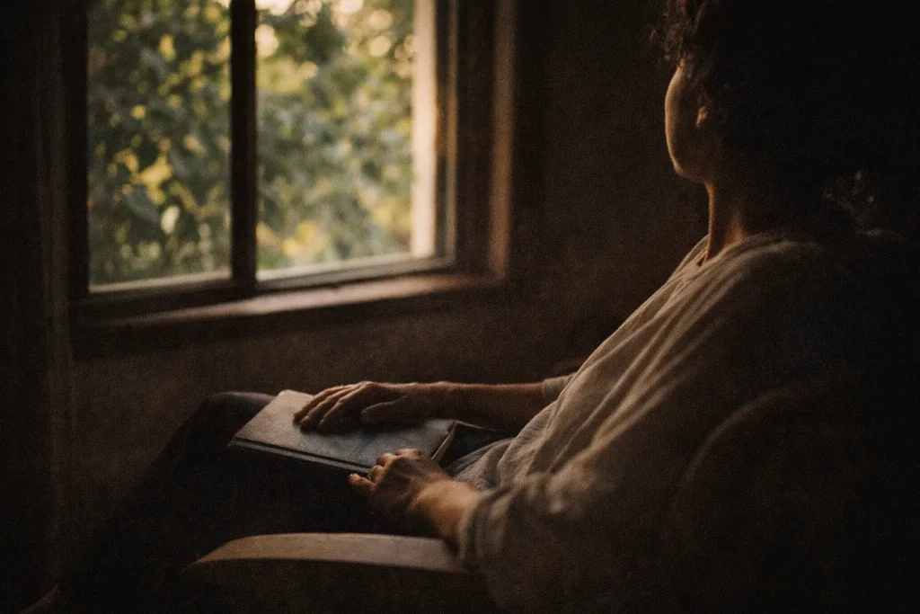 personne assise près d’une fenêtre carnet fermé regard vers l’extérieur introspection écriture pour se comprendre et apaisement