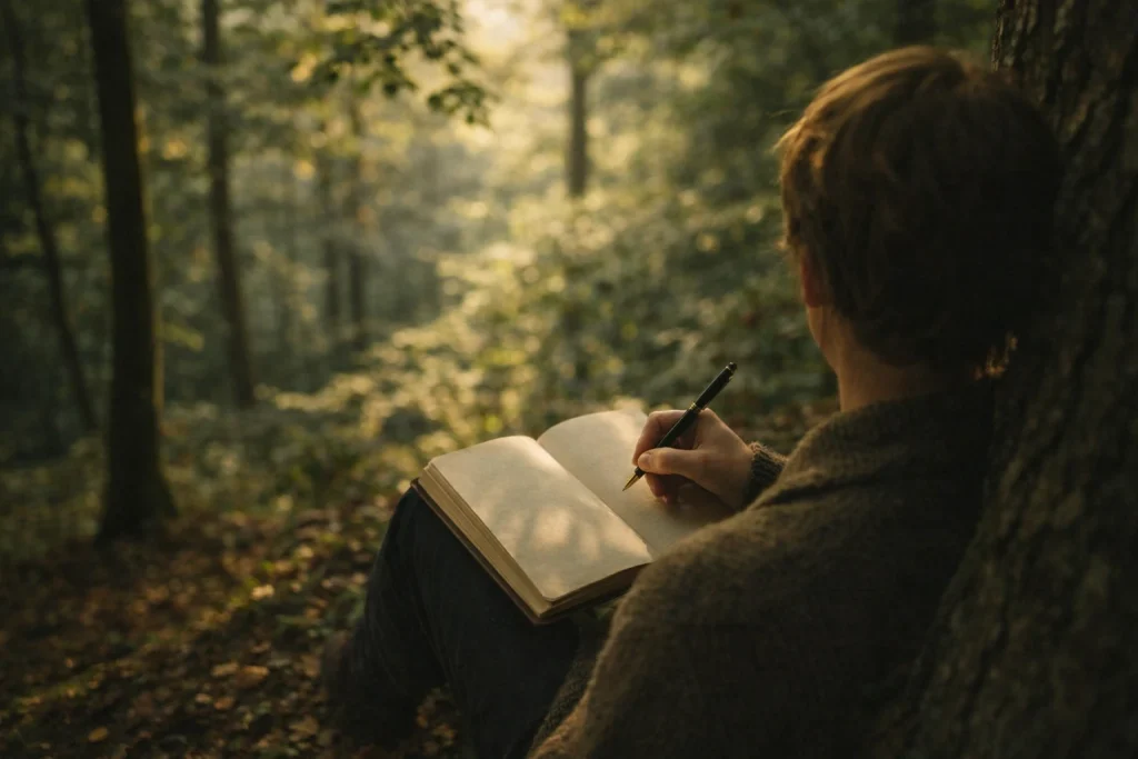 Personne écrivant à la main dans un carnet, assise contre un arbre dans une forêt calme, moment d’écriture lente et contemplative dans la nature.