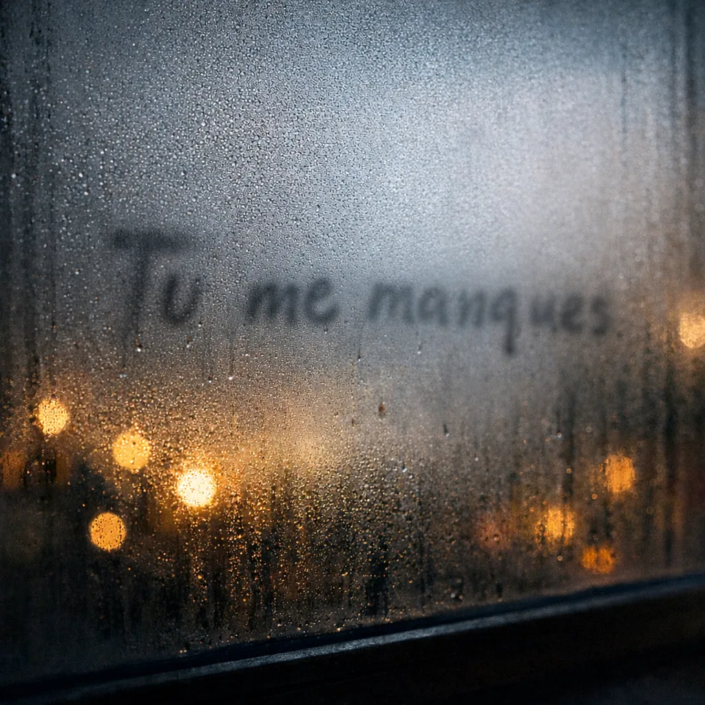 Écrire une lettre sans l’envoyer : mots « Tu me manques » tracés sur une fenêtre embuée la nuit, symbolisant l’écriture pour se libérer émotionnellement.