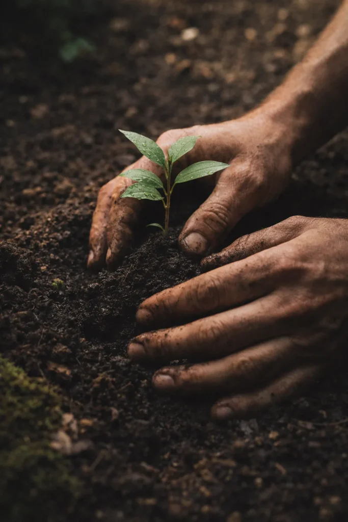 Mains plantant un jeune arbre dans la terre illustrant la régénération de la nature et l’espoir environnemental
