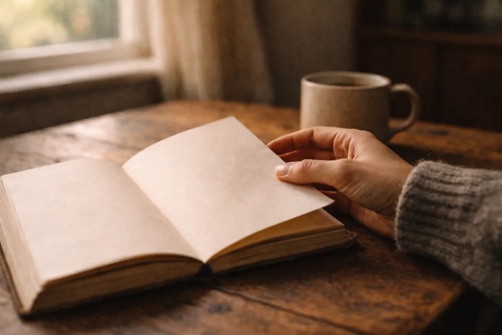 main ouvrant un carnet d’écriture usé lumière du matin geste calme écriture introspective rapport à l’argent