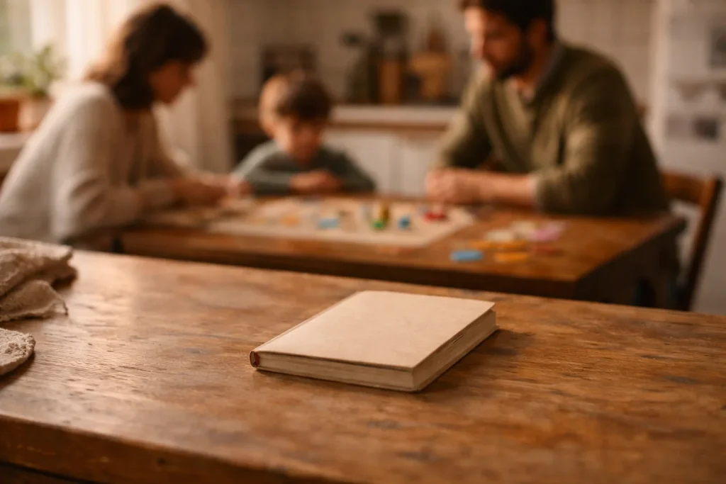 Carnet fermé posé sur un plan de travail, famille jouant à un jeu de société en arrière-plan flou, atmosphère chaleureuse et refuge intérieur