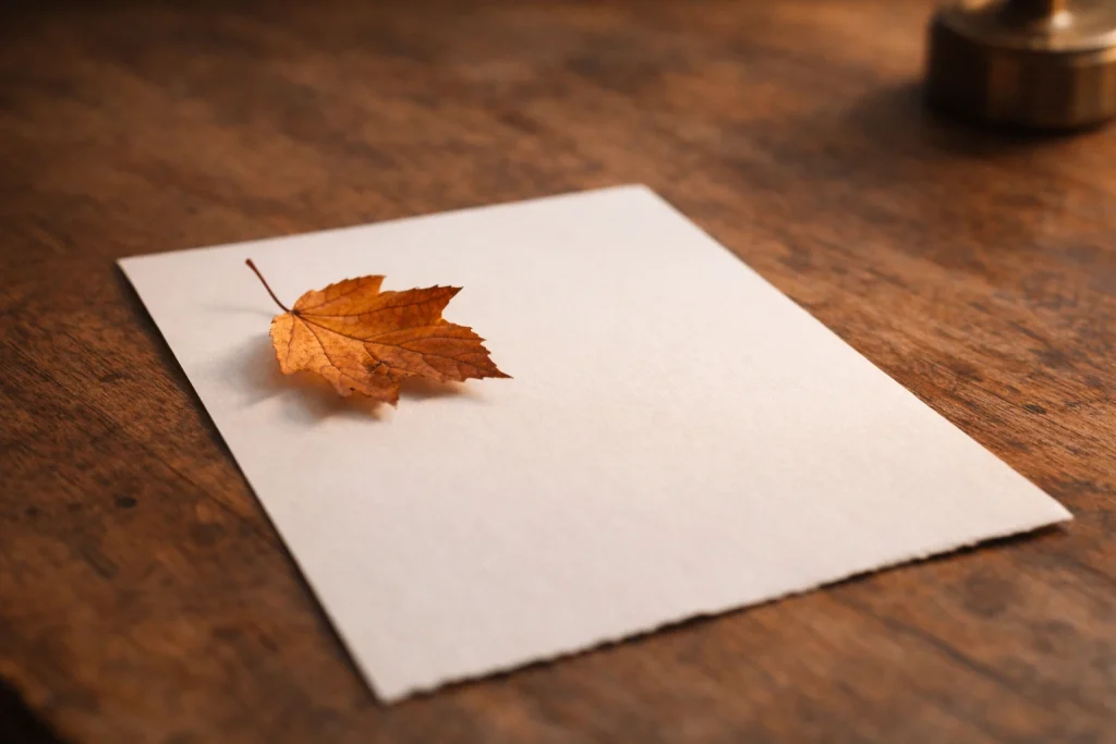 Feuille d’automne posée sur une page blanche, symbole de l’écriture pour se libérer émotionnellement et tourner la page.