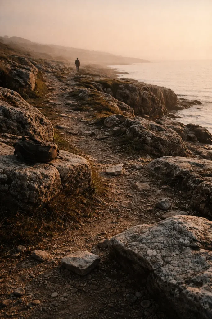 sentier côtier au coucher du soleil avec silhouette humaine lointaine et objet posé, image symbolisant vivre avec l’IA après transformation