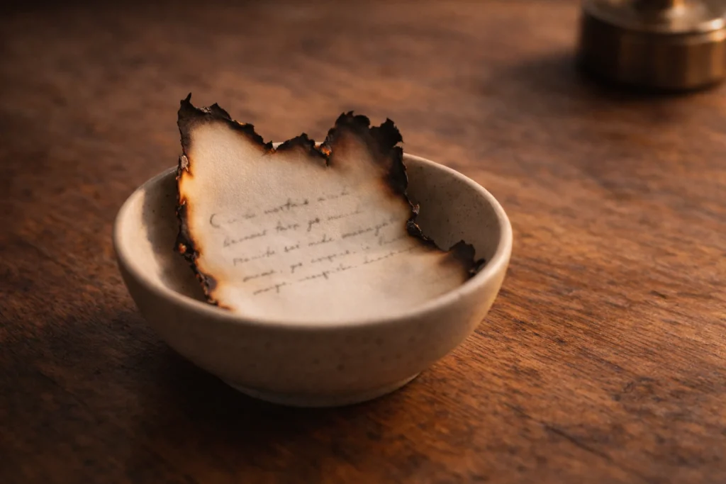 Lettre partiellement brûlée dans un bol en céramique sur une table en bois, symbole d’écrire une lettre sans l’envoyer pour se libérer émotionnellement.