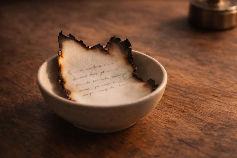 Lettre partiellement brûlée dans un bol en céramique sur une table en bois, symbole d’écrire une lettre sans l’envoyer pour se libérer émotionnellement.