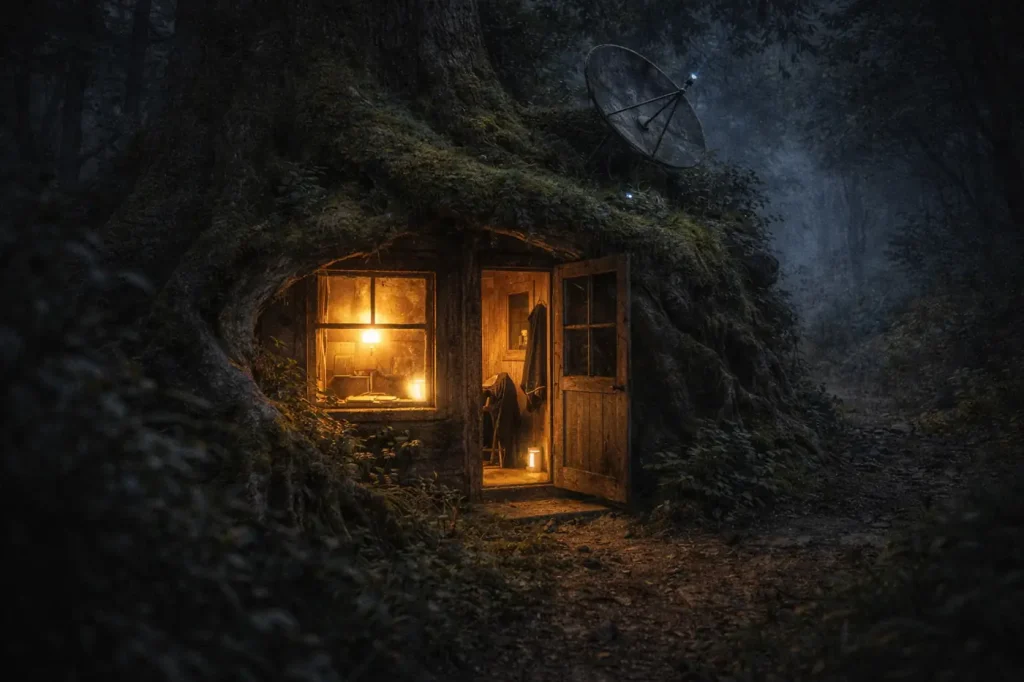 Cabane en bois intégrée dans les racines d’un grand arbre en forêt, lumière chaude intérieure contrastant avec la nuit froide, présence d’un carnet et d’une technologie discrète, atmosphère de refuge vivant entre nature, humain et technologie
