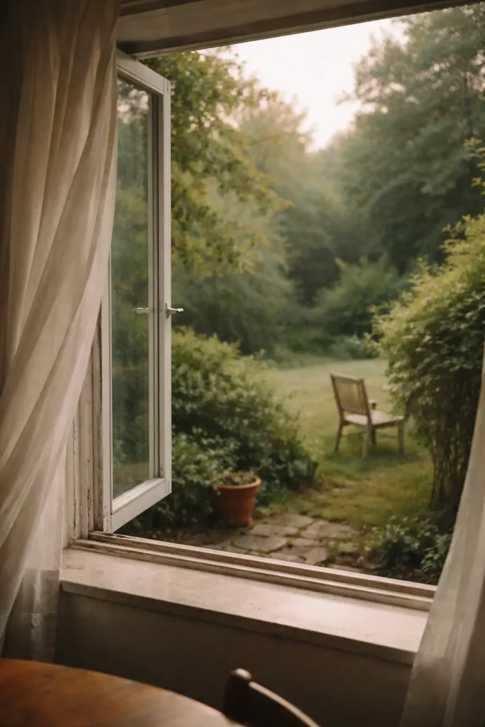 Fenêtre ouverte sur un jardin calme avec lumière douce du matin, symbole d’apaisement après une réaction disproportionnée et de compréhension des émotions en parentalité
