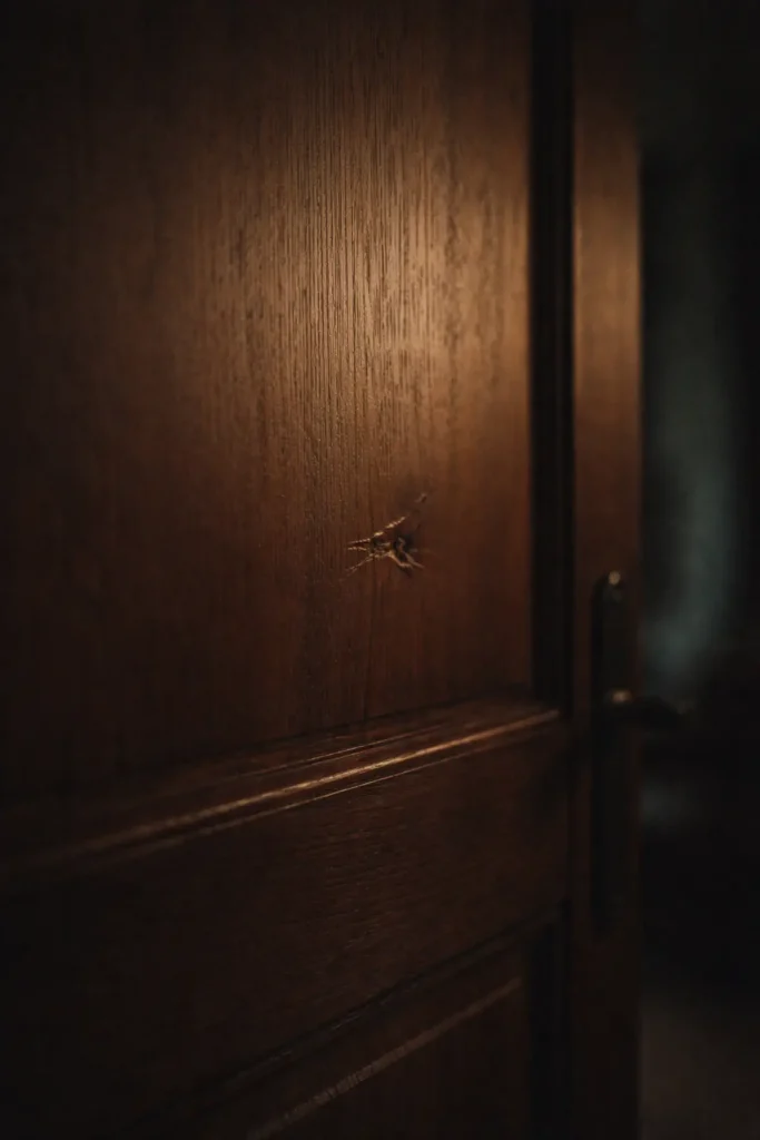 Impact discret sur une porte en bois dans une lumière chaude du soir, trace silencieuse d’une réaction disproportionnée, symbole de mémoire émotionnelle en parentalité