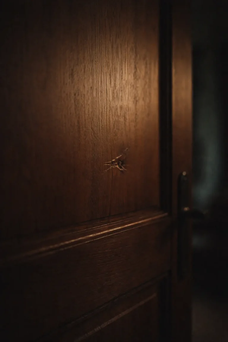 Impact discret sur une porte en bois dans une lumière chaude du soir, trace silencieuse d’une réaction disproportionnée, symbole de mémoire émotionnelle en parentalité