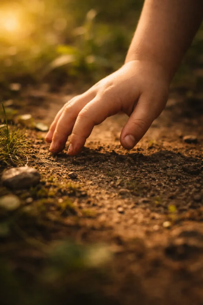 Main d’enfant touchant la terre avec curiosité — ce que mon enfant réveille en moi et lien au vivant