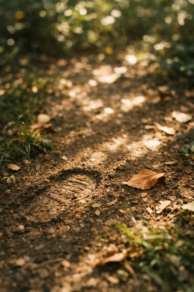 Lumière filtrant à travers des feuilles, projetant des motifs doux sur la terre — présence discrète et calme du vivant.
