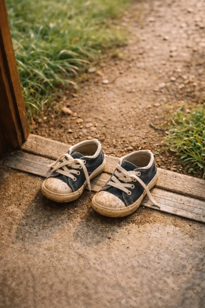 Petites chaussures d’enfant posées sur un seuil, légèrement usées avec un peu de terre, lumière du matin douce évoquant un départ ou un moment de transition