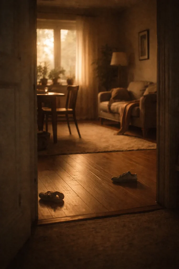 Intérieur de maison vu depuis une porte avec chaussure d’enfant au sol, lumière chaude de fin de journée, atmosphère suspendue après une dispute, symbole du moment où revenir vers son enfant après avoir crié