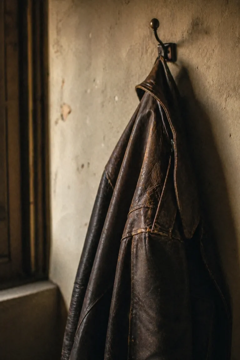 veste en cuir usée accrochée sur un mur brut, symbole du poids vécu et de la transmission invisible dans le parcours pour devenir père et transmettre à ses enfants sans le savoir