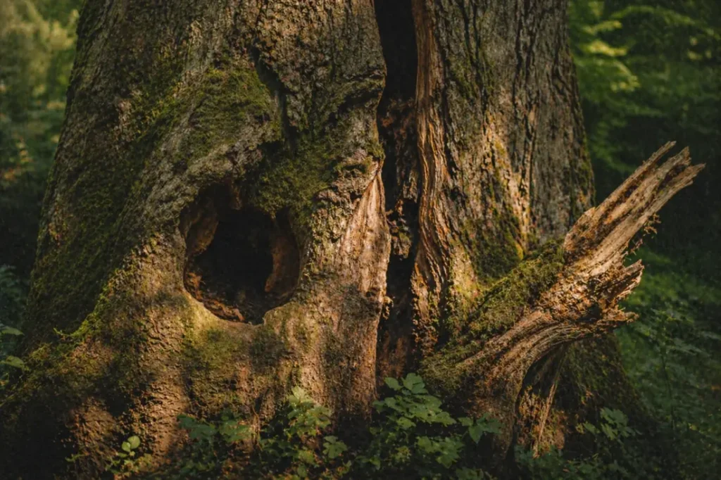 Tronc d’arbre ancien marqué par le temps, écorce fissurée avec cavité, mousse et branche cassée — symbole de résilience et de vie enracinée
