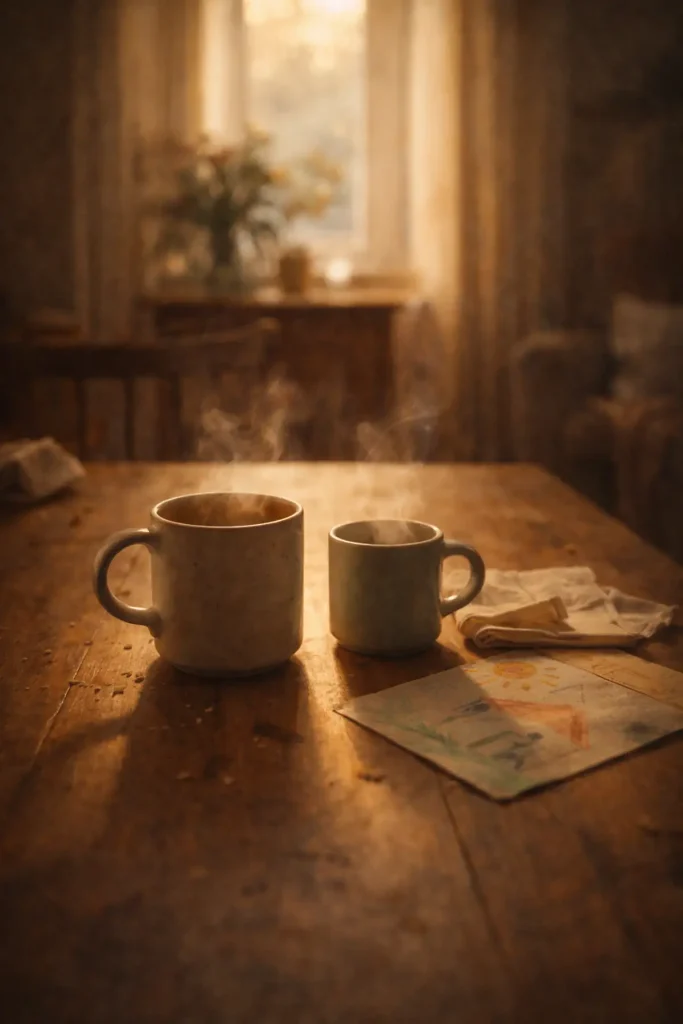 Deux tasses côte à côte sur une table en bois avec lumière du matin et dessin d’enfant, symbole de réconciliation et du lien retrouvé après avoir crié sur son enfant