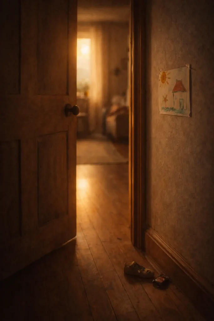 Porte entrouverte laissant passer une lumière chaude dans une maison avec dessin d’enfant au mur, symbole du moment de réparation et du retour vers son enfant après avoir crié