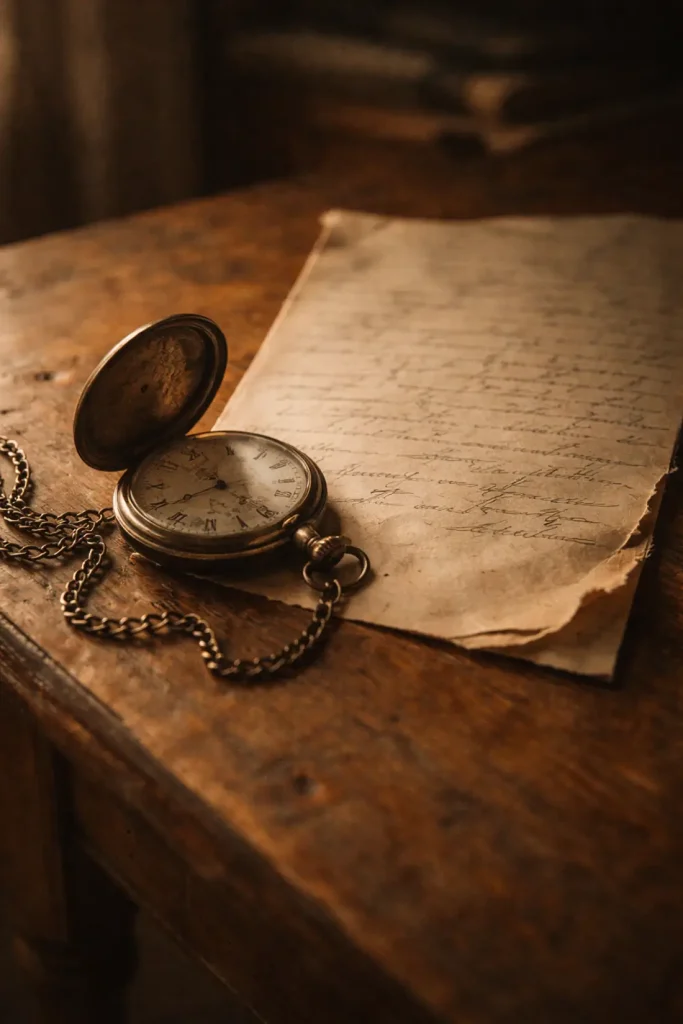 Montre ancienne et lettre manuscrite usée sur une table en bois, symbolisant la mémoire familiale et la répétition des schémas familiaux à travers les générations