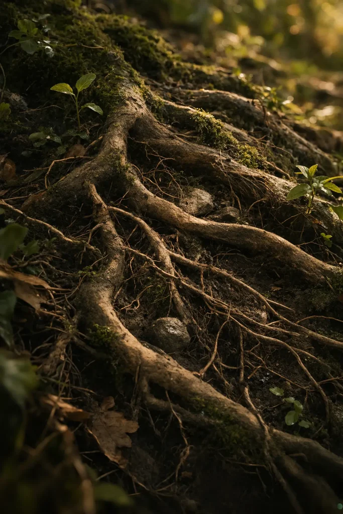 Racines d’arbre entrelacées dans la terre avec mousse et pierres, symbolisant la transmission inconsciente des schémas familiaux et la mémoire intergénérationnelle