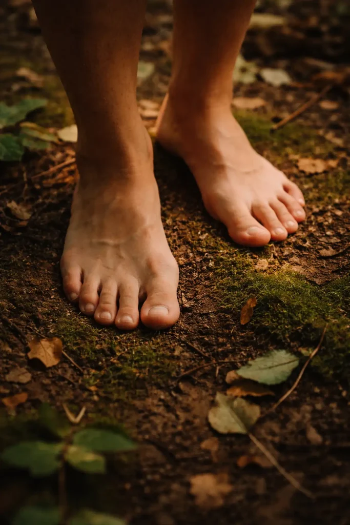 Pieds nus posés sur la terre et la mousse en forêt, symbolisant l’ancrage corporel et le retour au calme chez un parent face à la colère