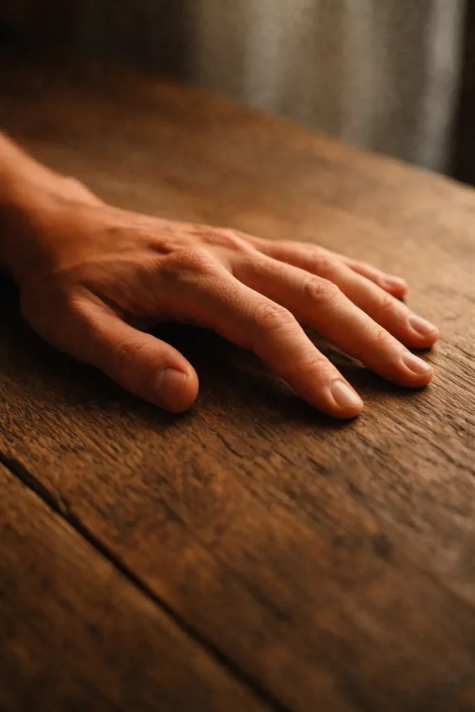Main posée sur du bois avec légère tension dans les doigts, symbole des signaux corporels annonçant la colère chez un parent avant de réagir