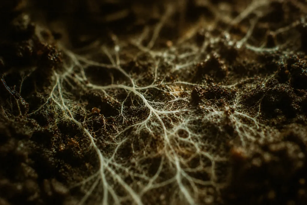 Réseau de mycélium et fines racines dans une terre sombre et humide, symbole du cerveau et de la résilience après un traumatisme
