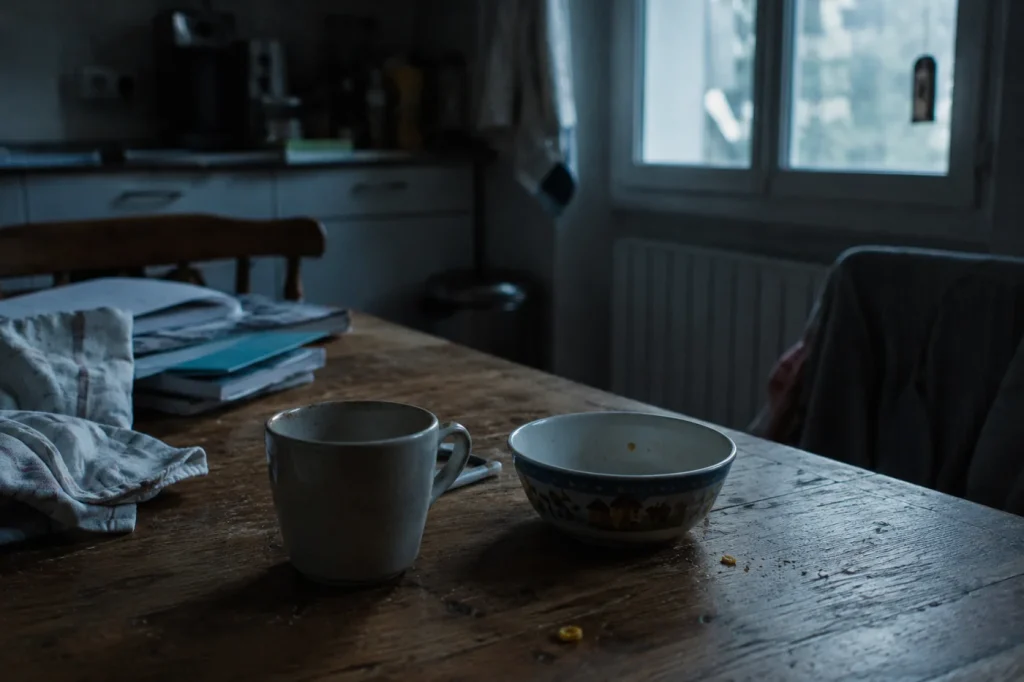 Table de cuisine ordinaire au petit matin avec un bol d’enfant et une tasse de café, atmosphère silencieuse et lourde avant le réveil de la maison — ce que mes enfants m’ont appris à travers la dépression et la parentalité