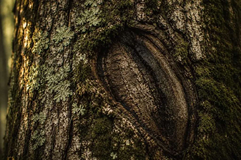 Écorce d’arbre cicatrisée avec mousse et lichens dans une forêt — mémoire transgénérationnelle, neuroplasticité et transmission des blessures familiales